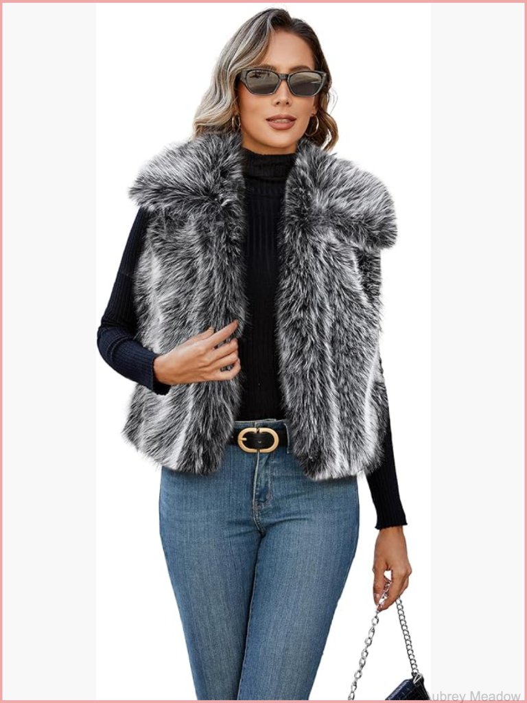 Faux Fur Vest Lapel Collar Sleeveless Open Front Cardigan Fuzzy Coats Jacket